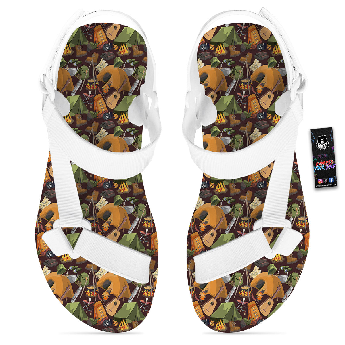 Camping Equipment Print Pattern White Open Toe Sandals-grizzshop