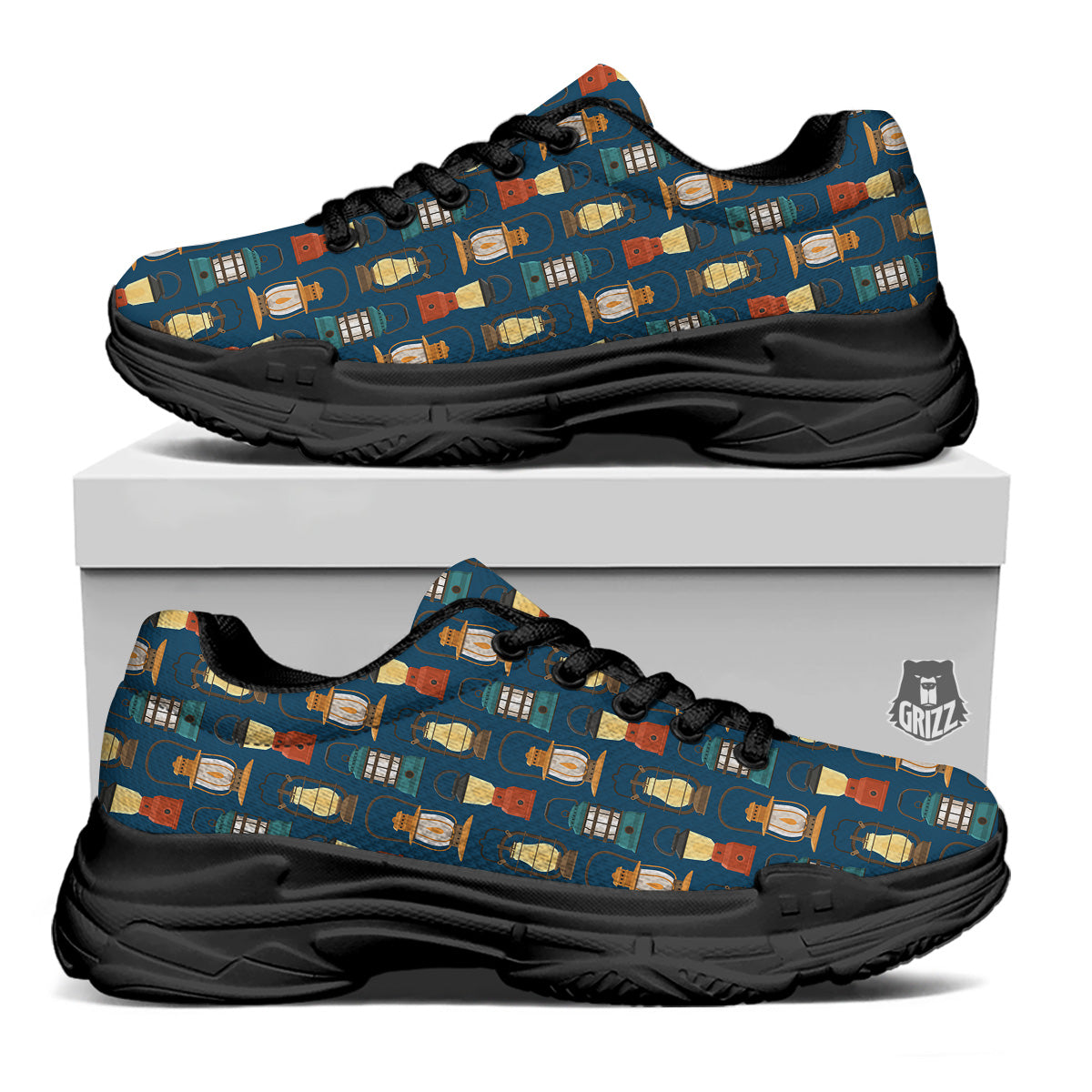 Camping Lantern Vintage Print Pattern Black Chunky Shoes-grizzshop