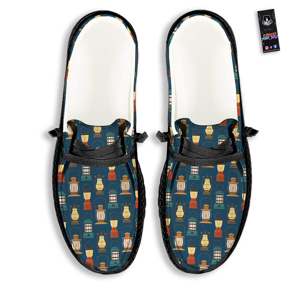 Camping Lantern Vintage Print Pattern Black Loafers-grizzshop