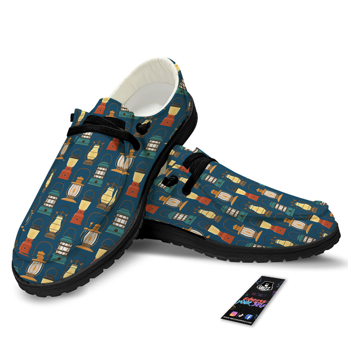 Camping Lantern Vintage Print Pattern Black Loafers-grizzshop