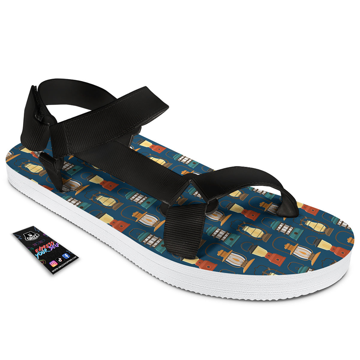 Camping Lantern Vintage Print Pattern Black Open Toe Sandals-grizzshop