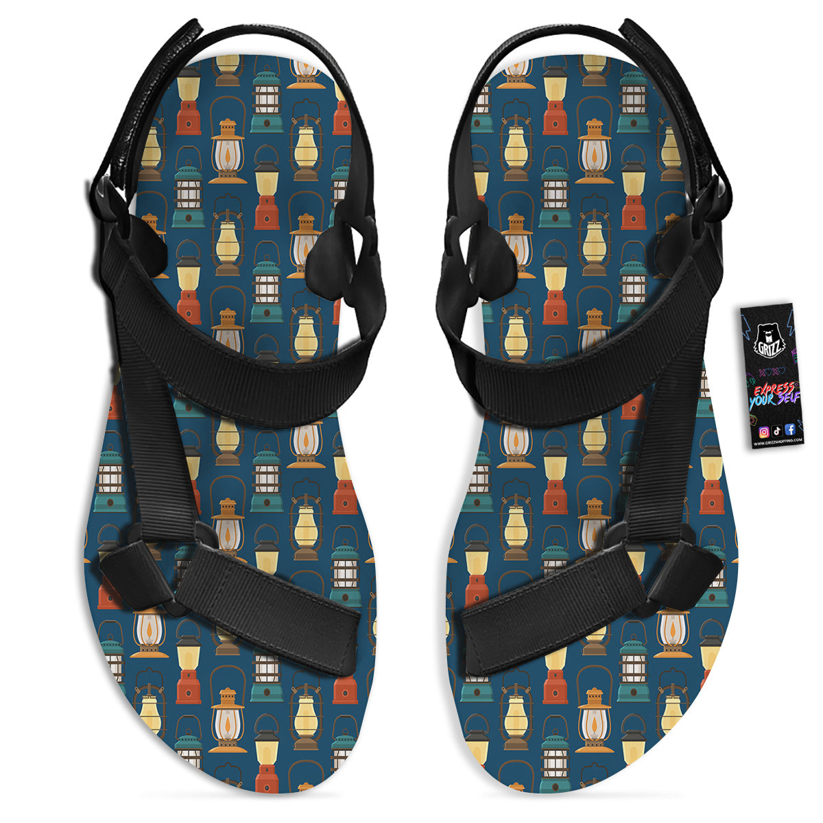 Camping Lantern Vintage Print Pattern Black Open Toe Sandals-grizzshop