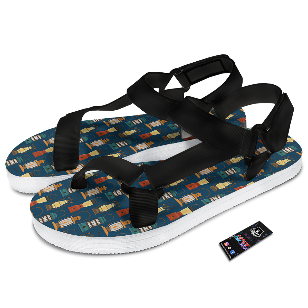 Camping Lantern Vintage Print Pattern Black Open Toe Sandals-grizzshop