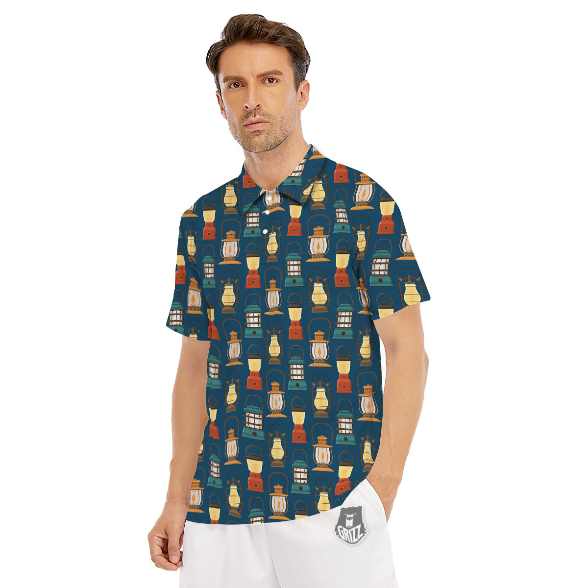 Camping Lantern Vintage Print Pattern Men's Golf Shirts-grizzshop
