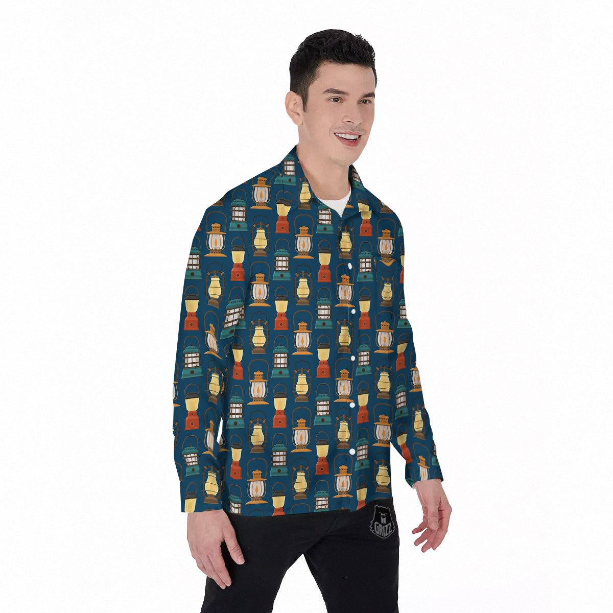 Camping Lantern Vintage Print Pattern Men's Long Sleeve Shirts-grizzshop