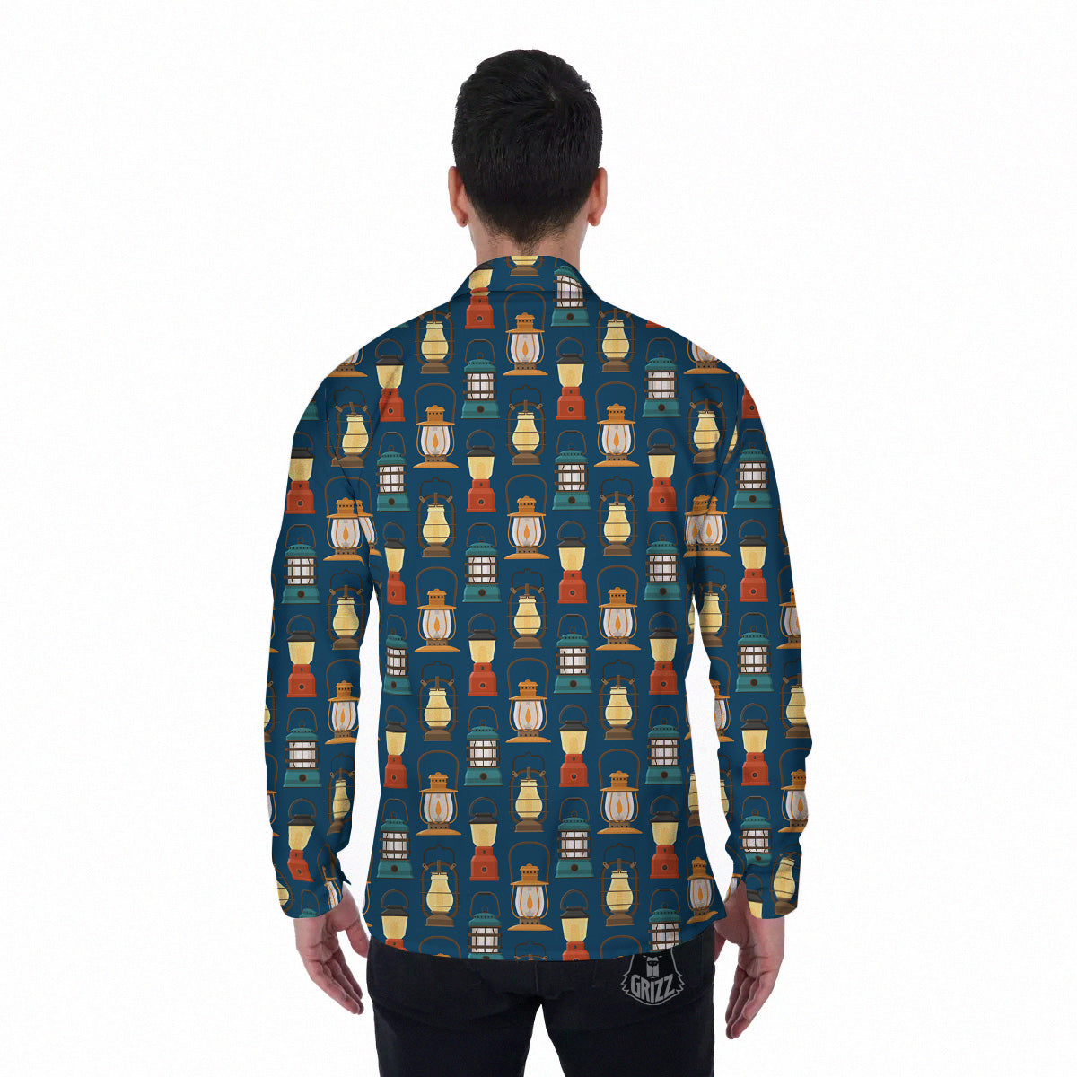 Camping Lantern Vintage Print Pattern Men's Long Sleeve Shirts-grizzshop