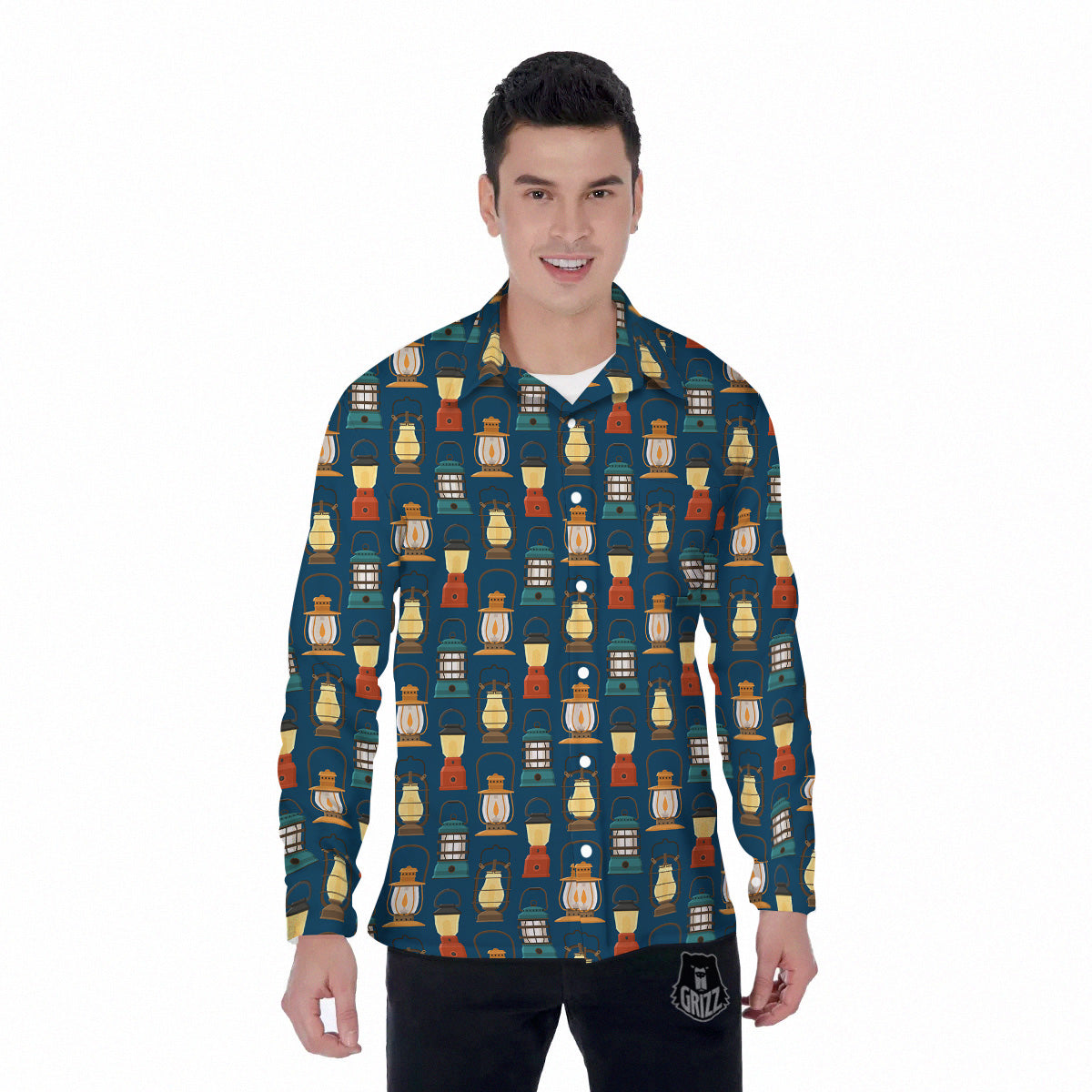Camping Lantern Vintage Print Pattern Men's Long Sleeve Shirts-grizzshop