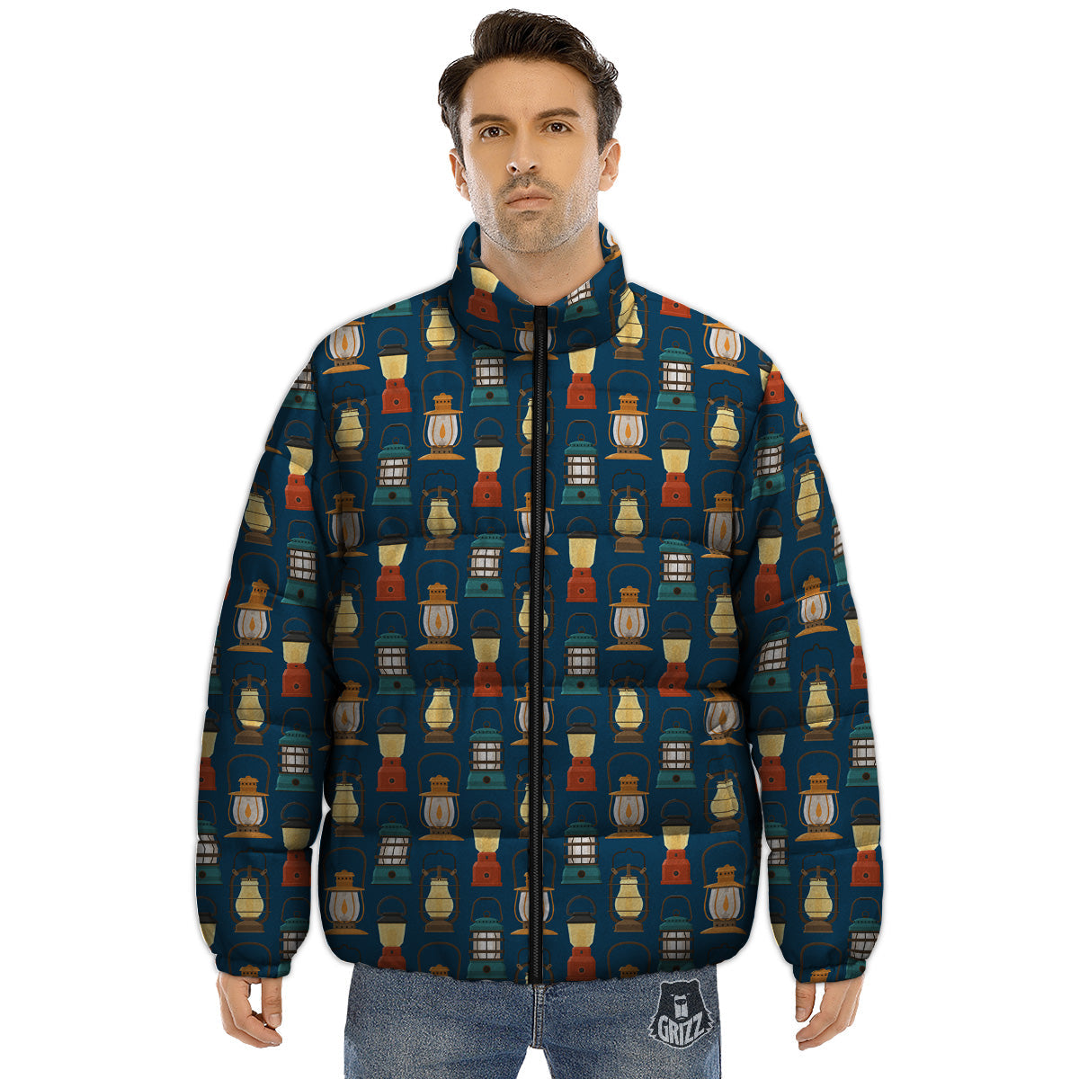 Camping Lantern Vintage Print Pattern Puffer Jacket-grizzshop