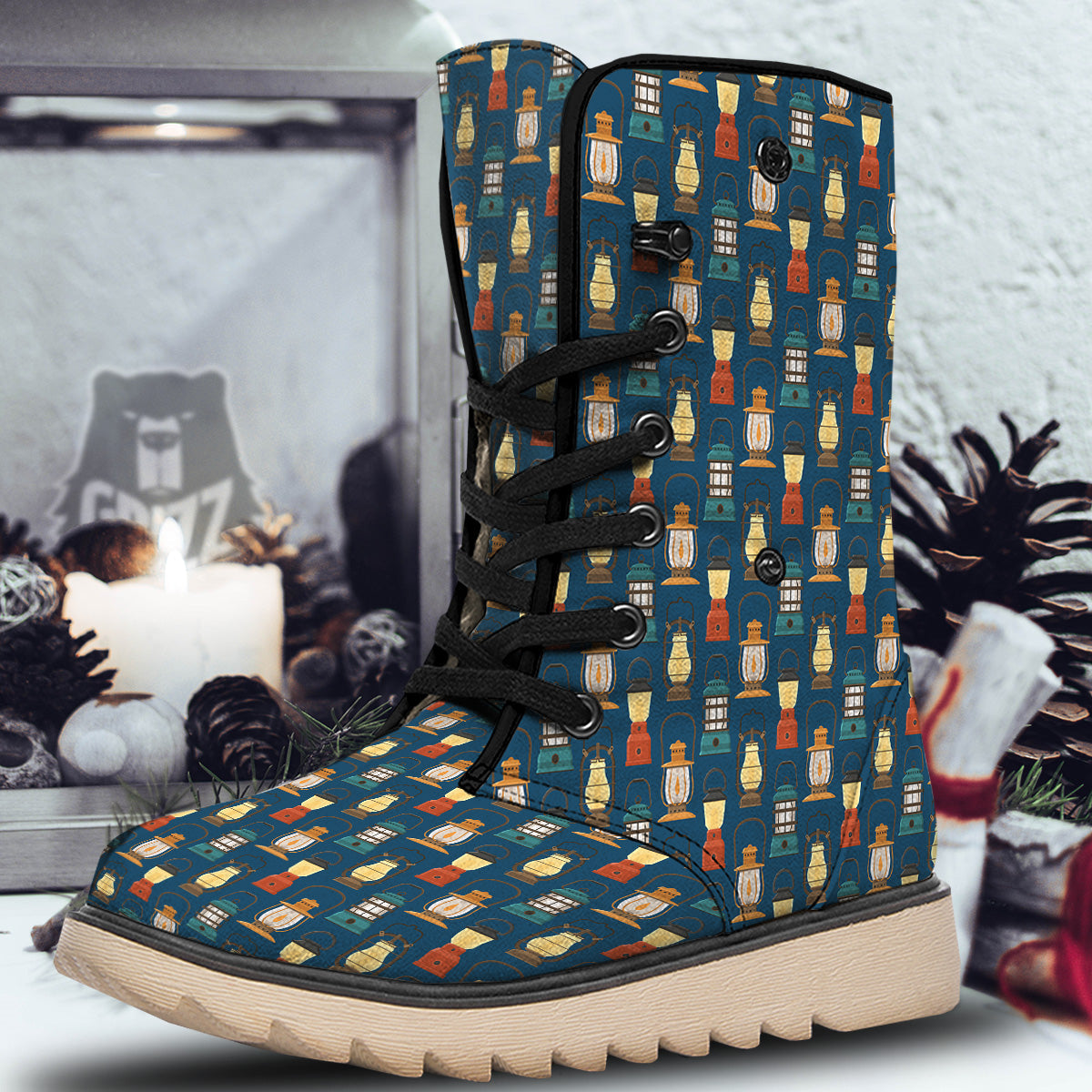 Camping Lantern Vintage Print Pattern Snow Boots-grizzshop