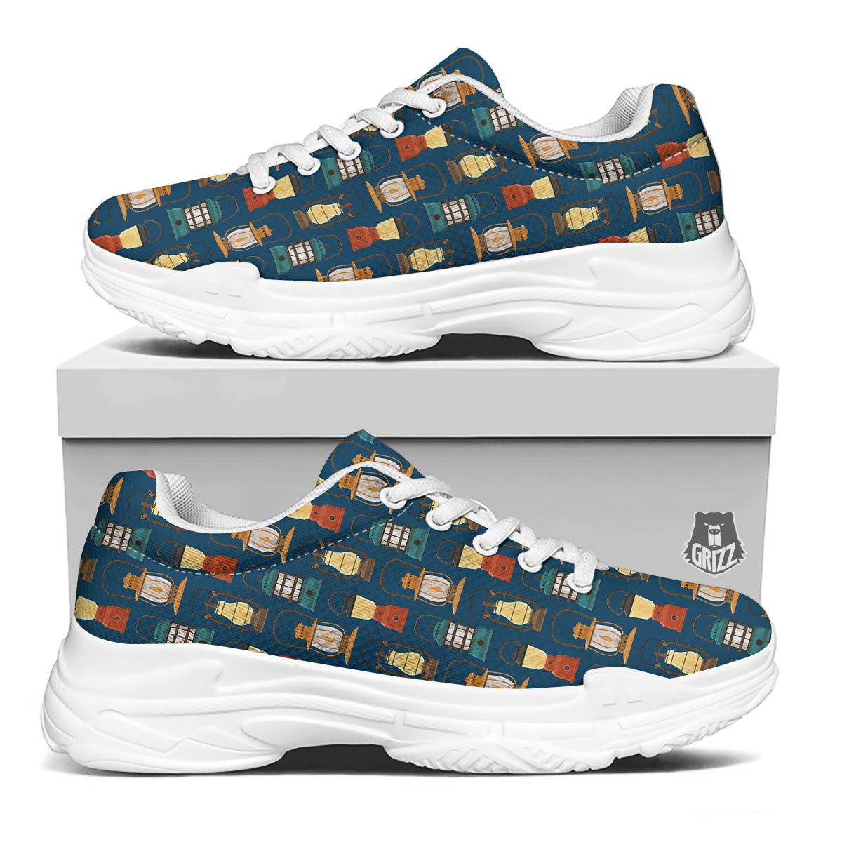 Camping Lantern Vintage Print Pattern White Chunky Shoes-grizzshop