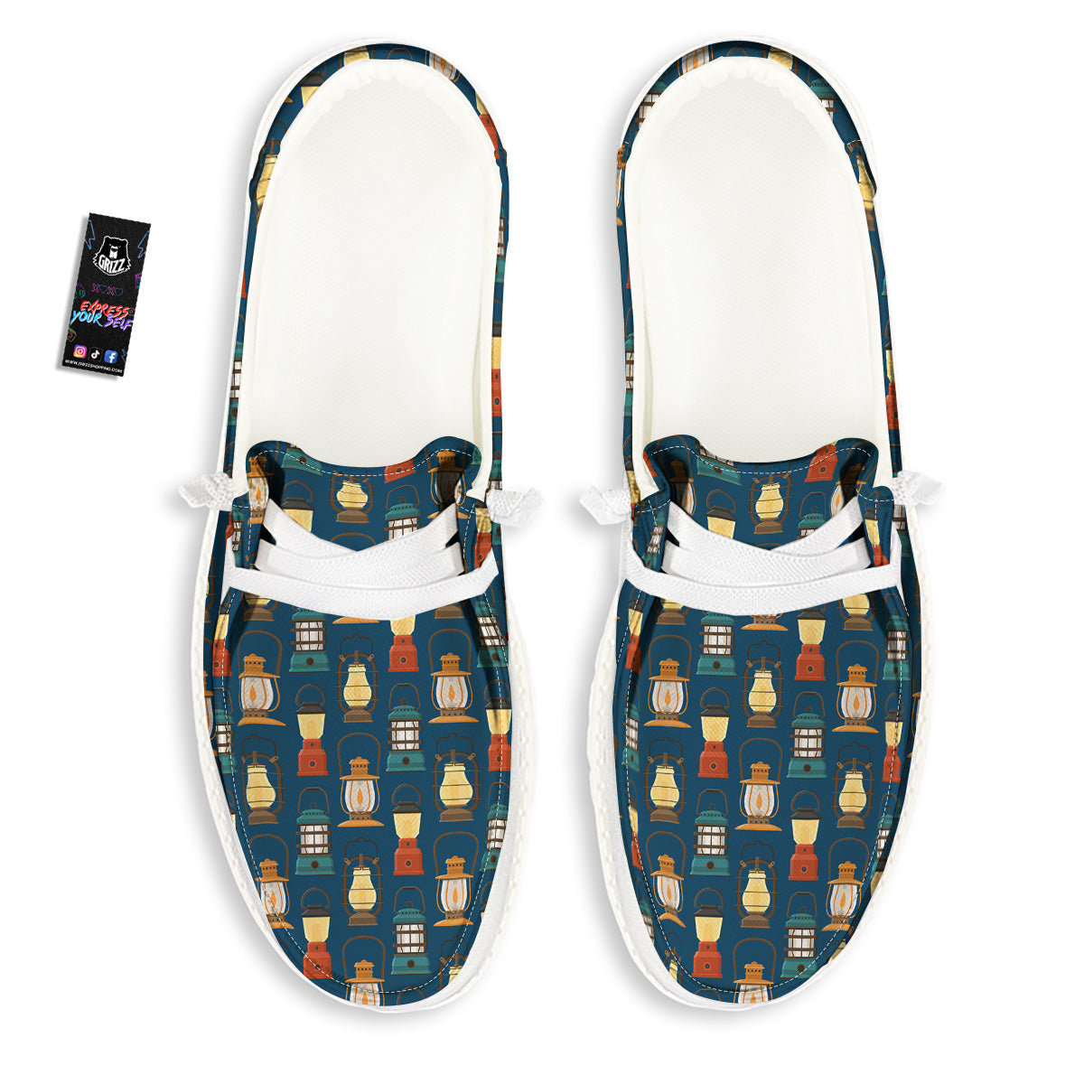 Camping Lantern Vintage Print Pattern White Loafers-grizzshop