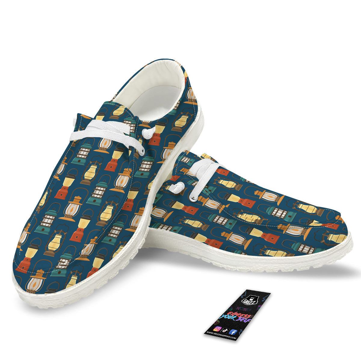 Camping Lantern Vintage Print Pattern White Loafers-grizzshop