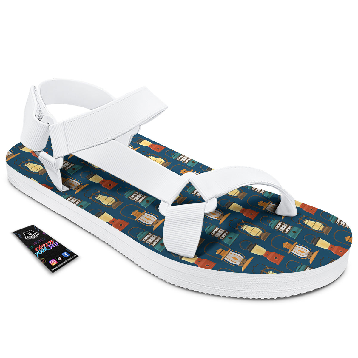 Camping Lantern Vintage Print Pattern White Open Toe Sandals-grizzshop