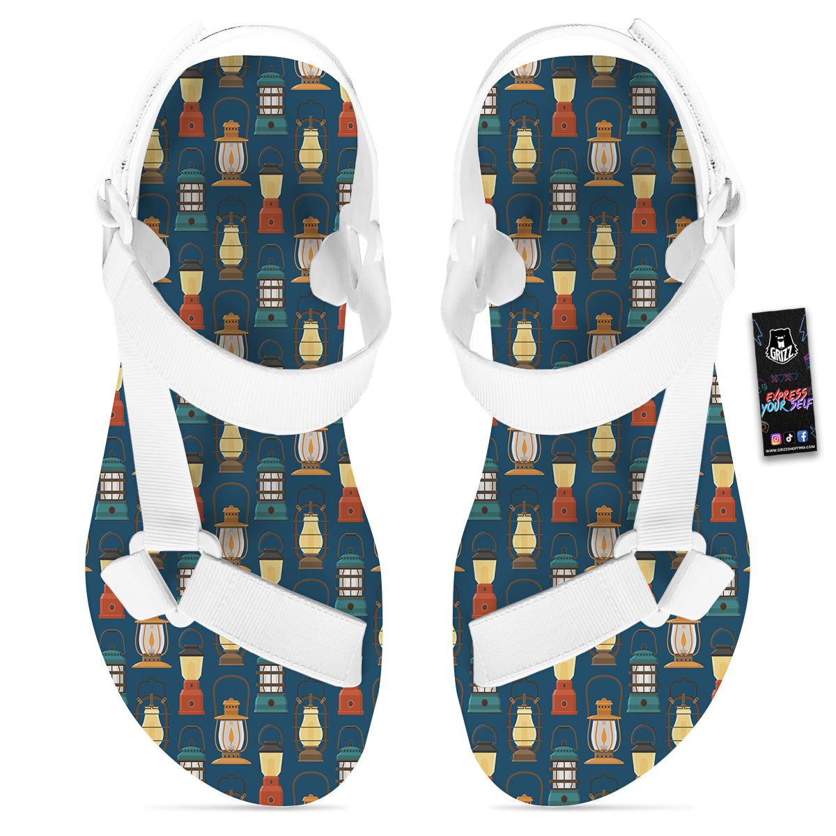 Camping Lantern Vintage Print Pattern White Open Toe Sandals-grizzshop