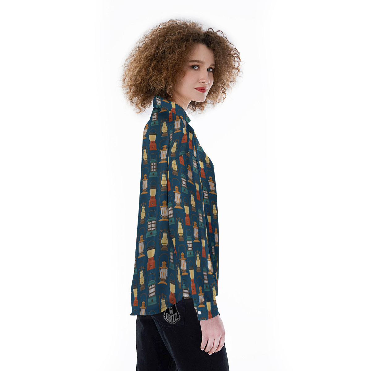 Camping Lantern Vintage Print Pattern Women's Long Sleeve Shirts-grizzshop