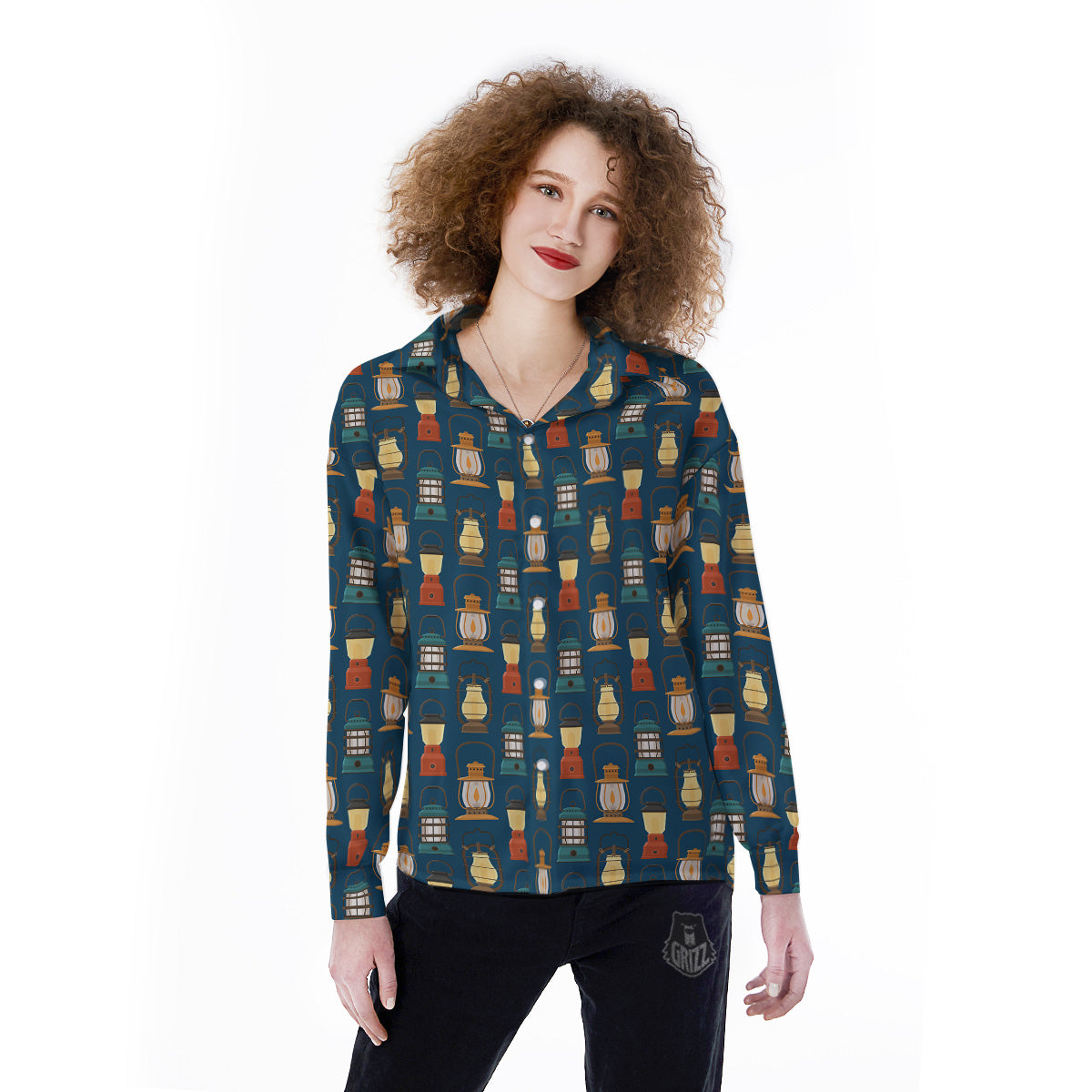 Camping Lantern Vintage Print Pattern Women's Long Sleeve Shirts-grizzshop