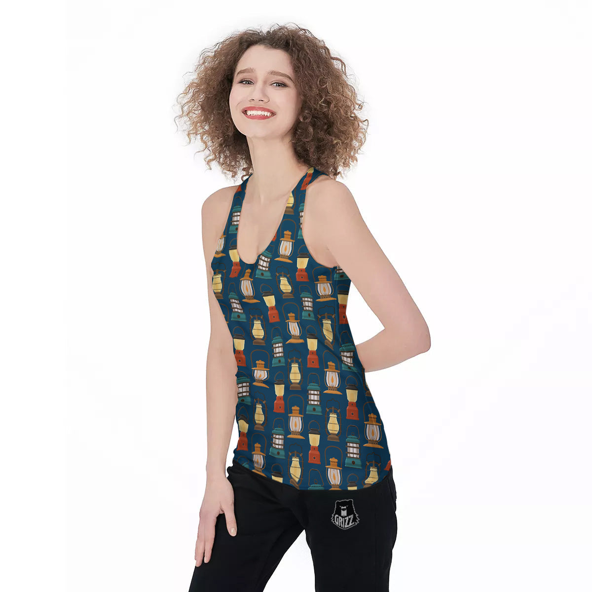 Camping Lantern Vintage Print Pattern Women's Racerback Tank Top-grizzshop