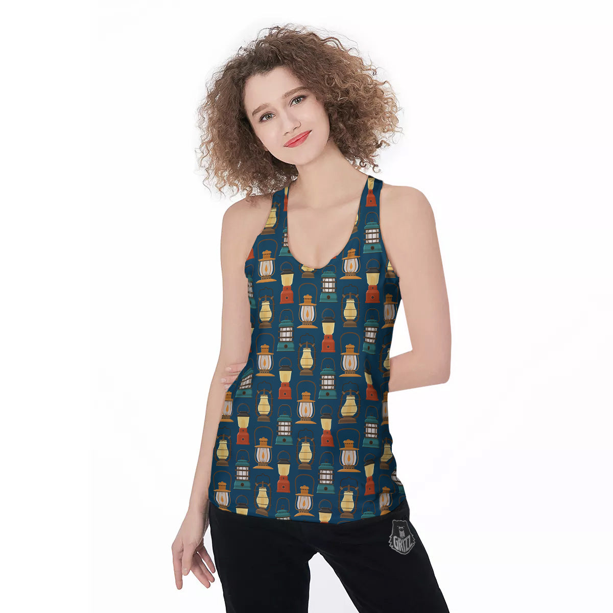 Camping Lantern Vintage Print Pattern Women's Racerback Tank Top-grizzshop
