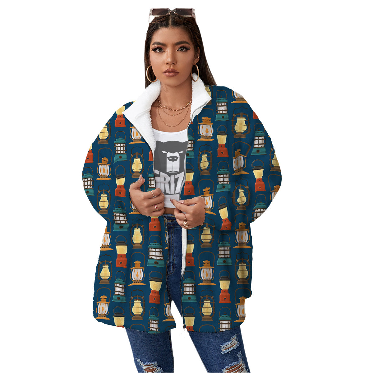Camping Lantern Vintage Print Pattern Women's Sherpa Jacket-grizzshop