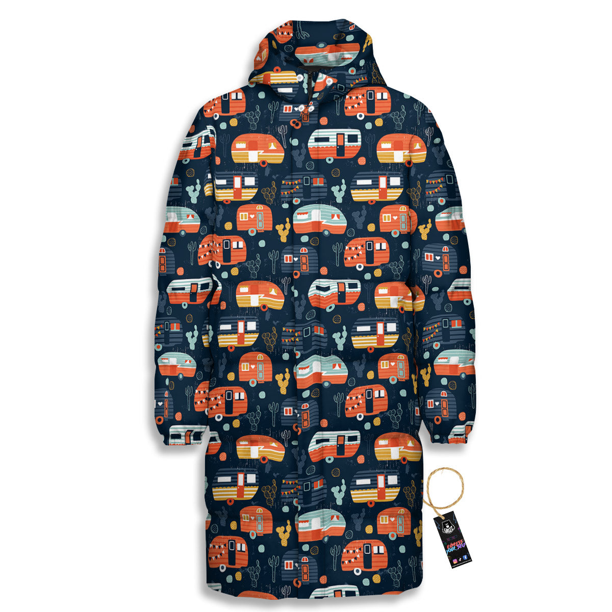 Camping Caravan Print Pattern Long Down Jacket