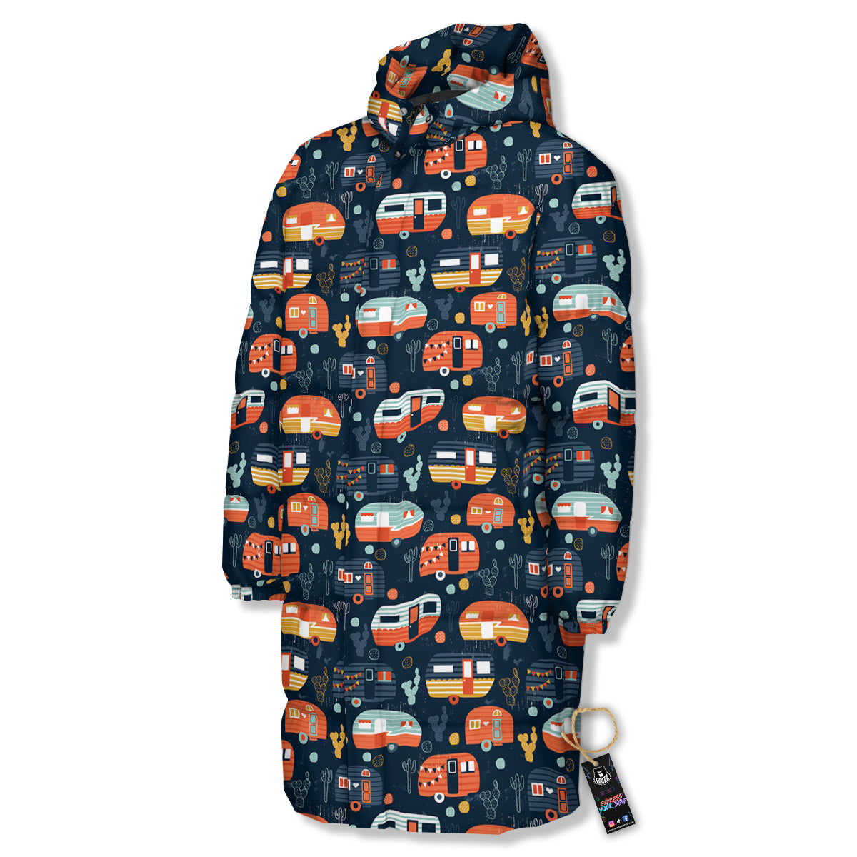 Camping Caravan Print Pattern Long Down Jacket