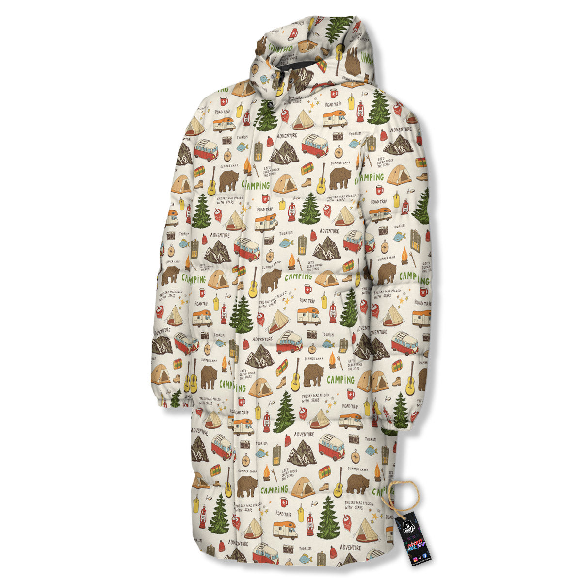 Camping Cartoon Print Pattern Long Down Jacket