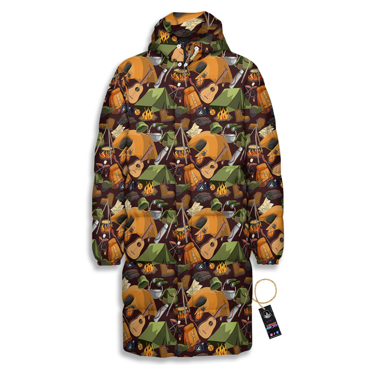 Camping Equipment Print Pattern Long Down Jacket