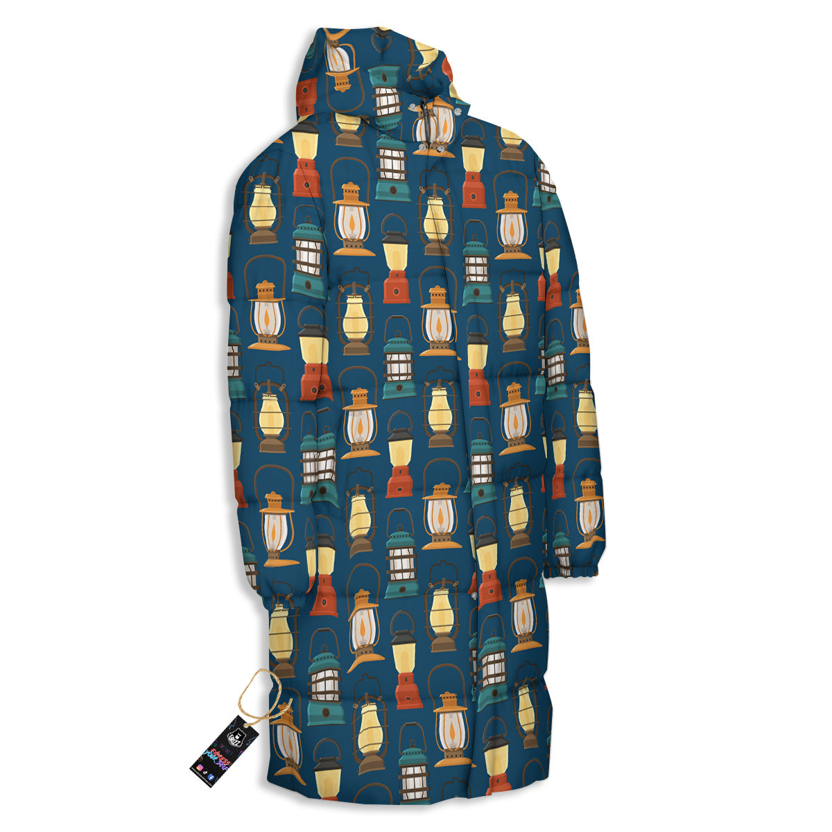Camping Lantern Vintage Print Pattern Long Down Jacket