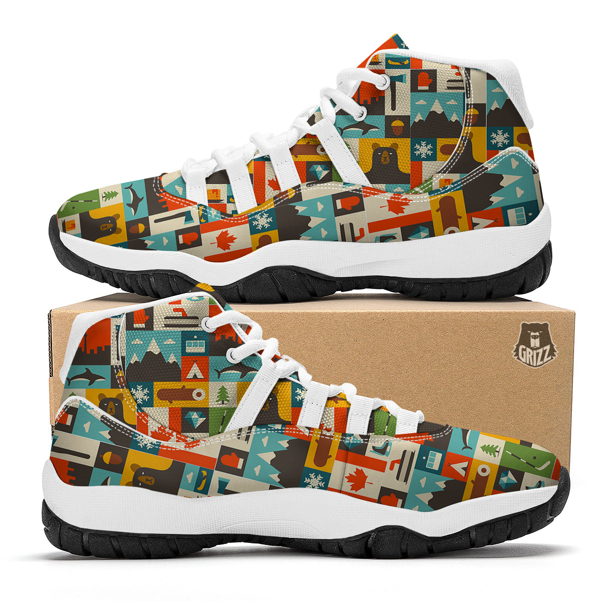 Canada Pattern Print White Bball Shoes-grizzshop