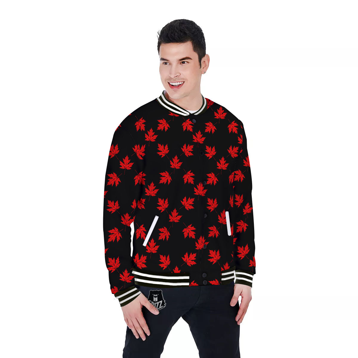 Canadian Maple Leaf Red And Black Print Baseball Jacket-grizzshop