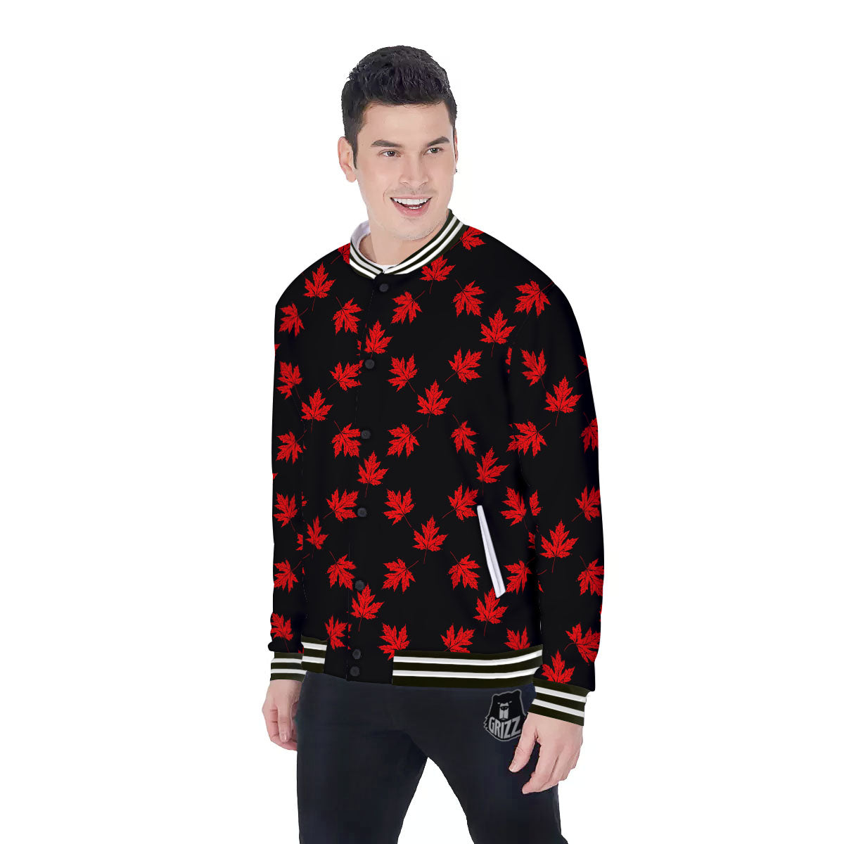 Canadian Maple Leaf Red And Black Print Baseball Jacket-grizzshop