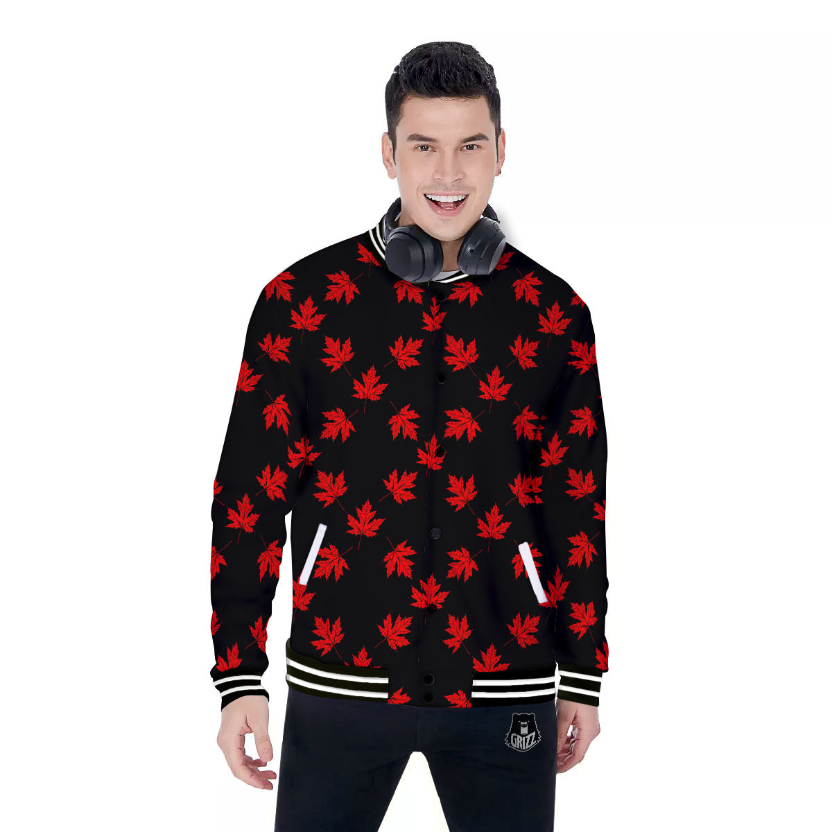 Canadian Maple Leaf Red And Black Print Baseball Jacket-grizzshop