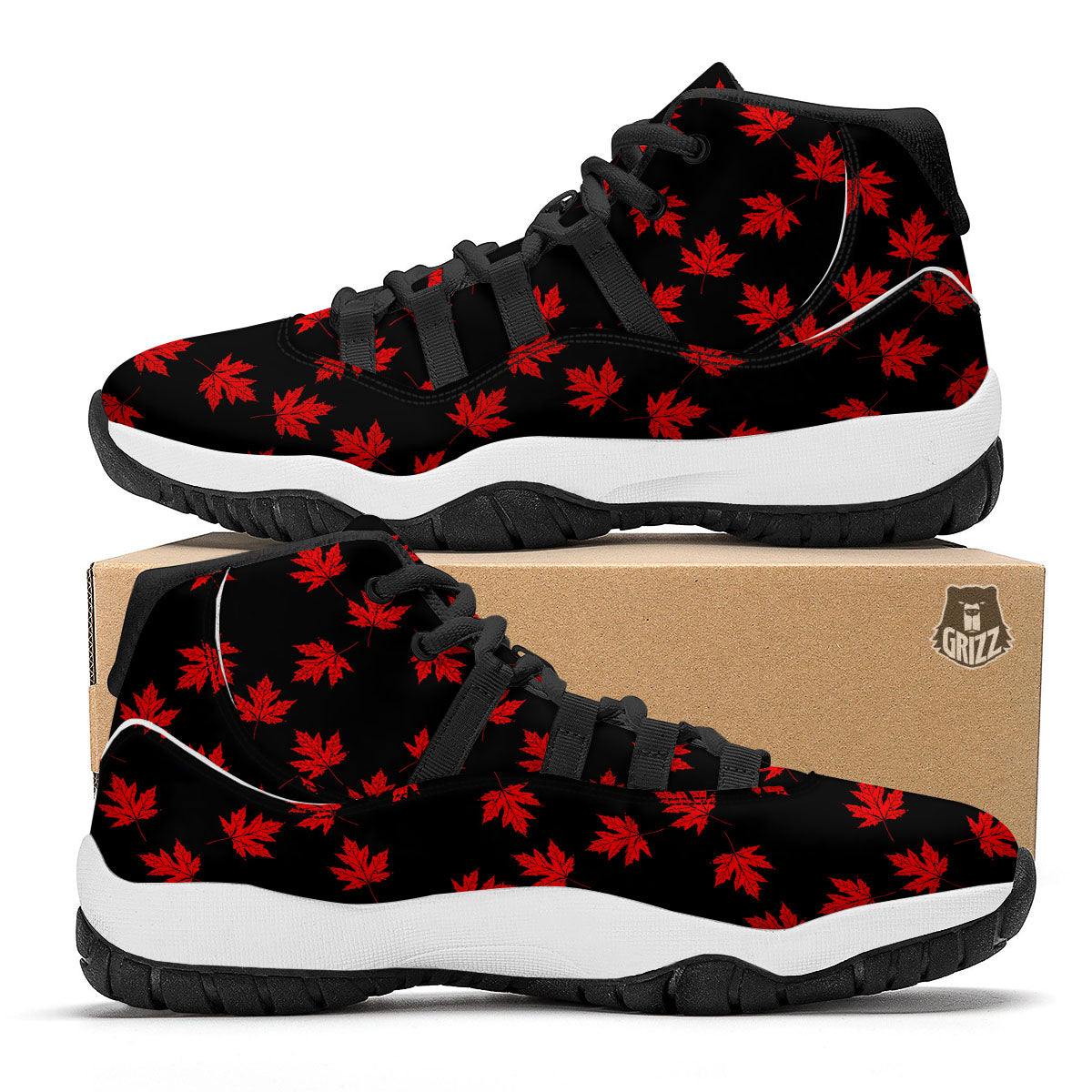 Canadian Maple Leaf Red And Black Print Black Bball Shoes-grizzshop