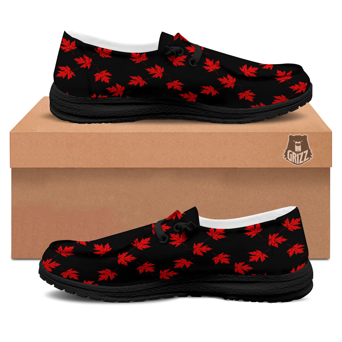 Canadian Maple Leaf Red And Black Print Black Loafers-grizzshop