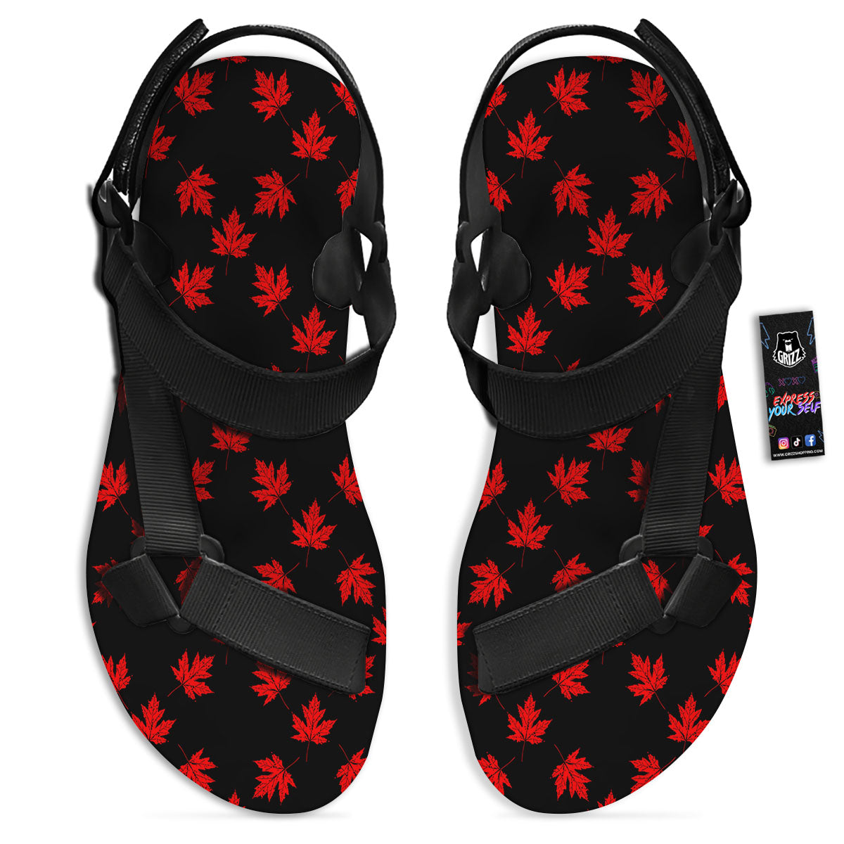Canadian Maple Leaf Red And Black Print Black Open Toe Sandals-grizzshop