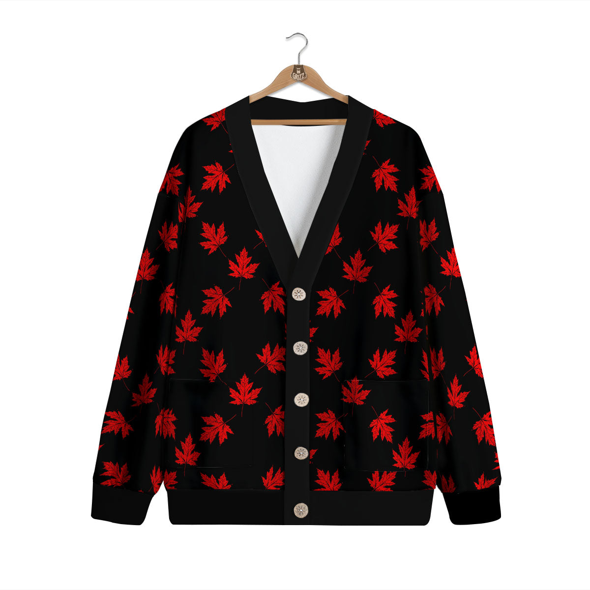 Canadian Maple Leaf Red And Black Print Cardigan-grizzshop