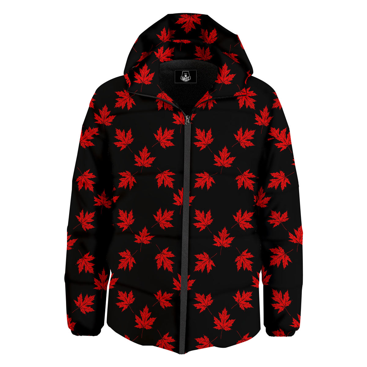 Canadian Maple Leaf Red And Black Print Down Jacket-grizzshop
