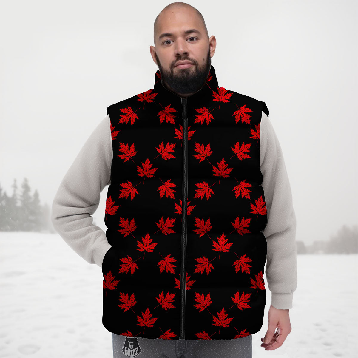Canadian Maple Leaf Red And Black Print Down Vest