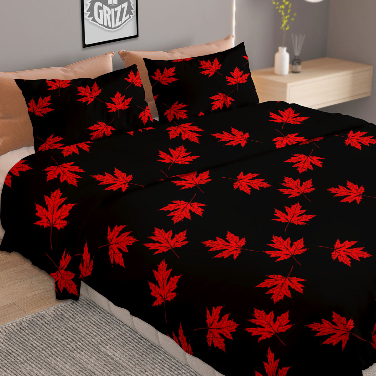 Canadian Maple Leaf Red And Black Print Duvet Cover Bedding Set
