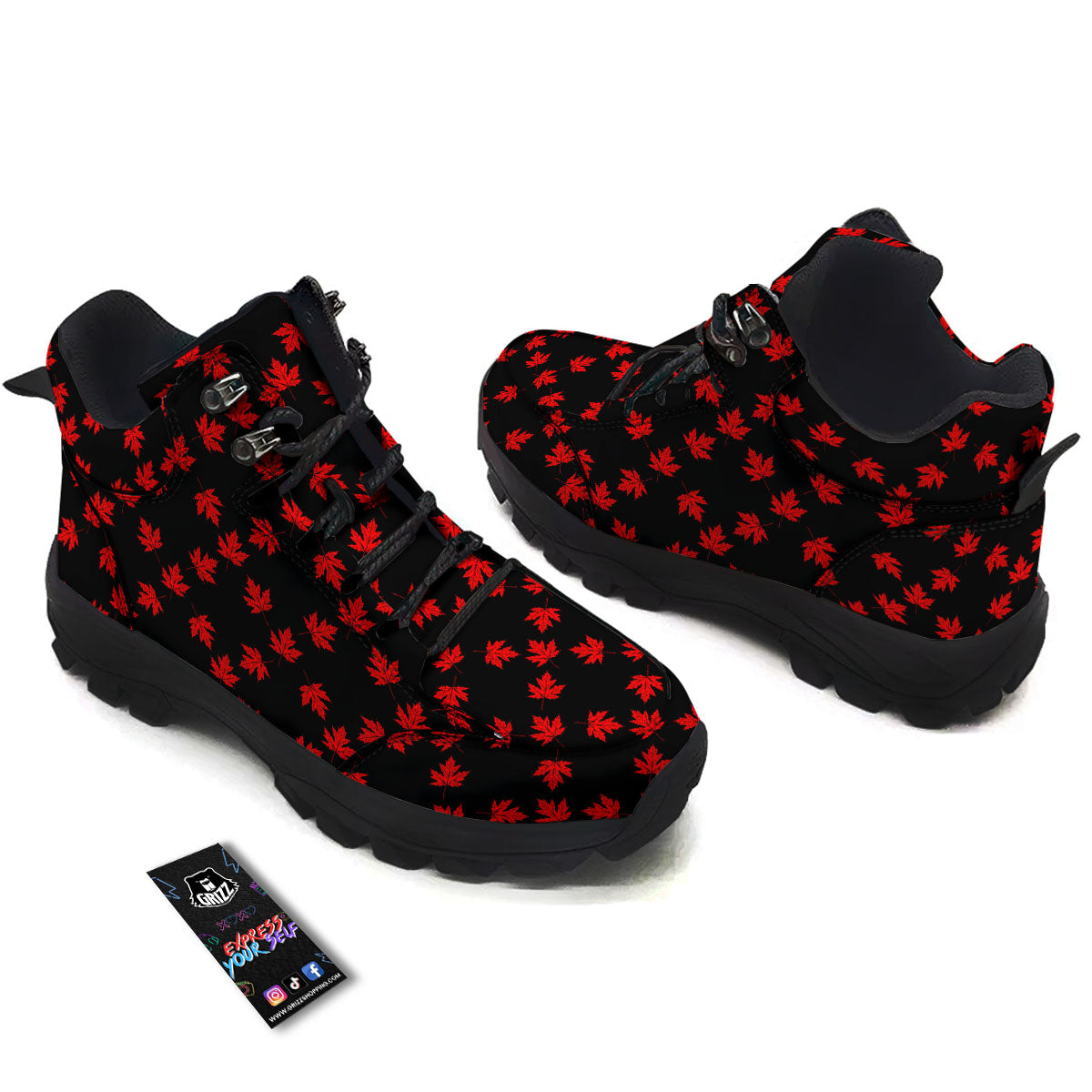 Canadian Maple Leaf Red And Black Print Hiking Shoes-grizzshop