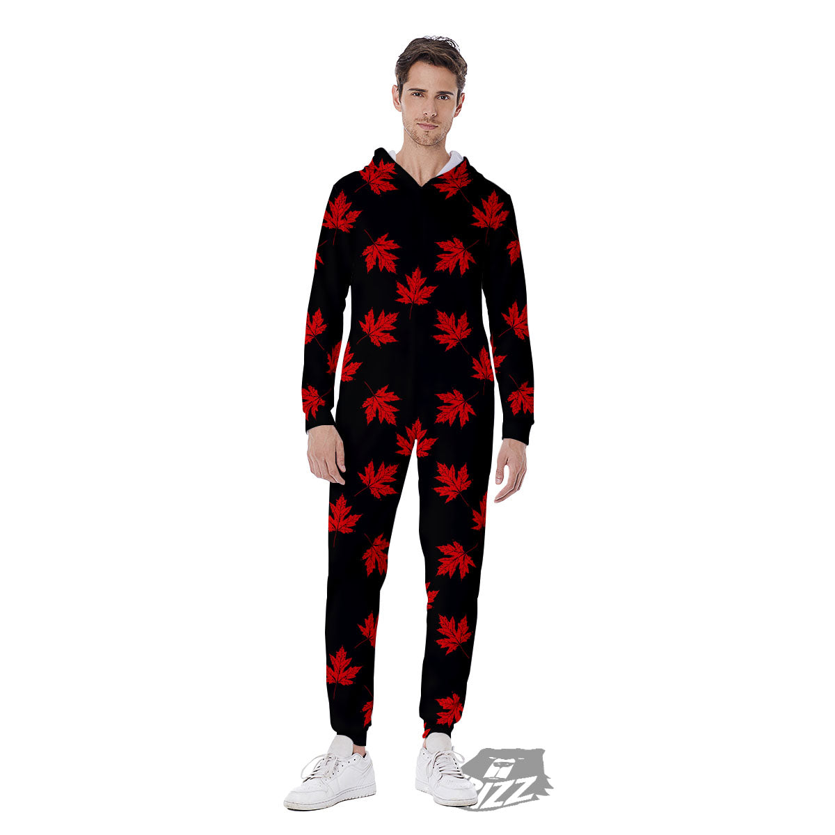 Canadian Maple Leaf Red And Black Print Men's Jumpsuit-grizzshop