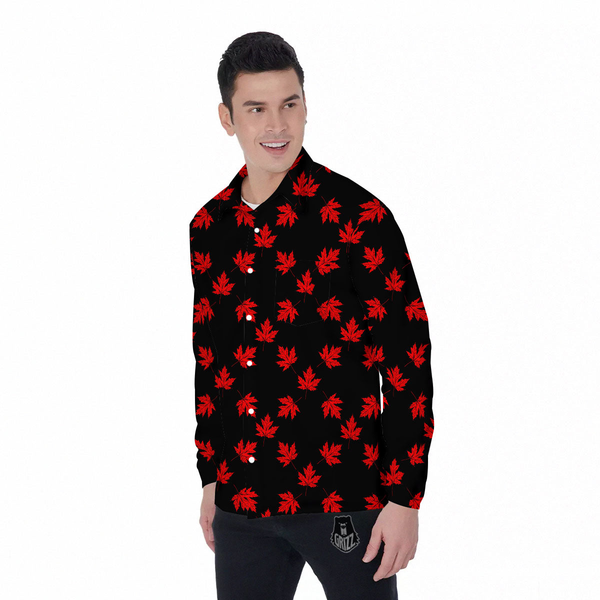 Canadian Maple Leaf Red And Black Print Men's Long Sleeve Shirts-grizzshop