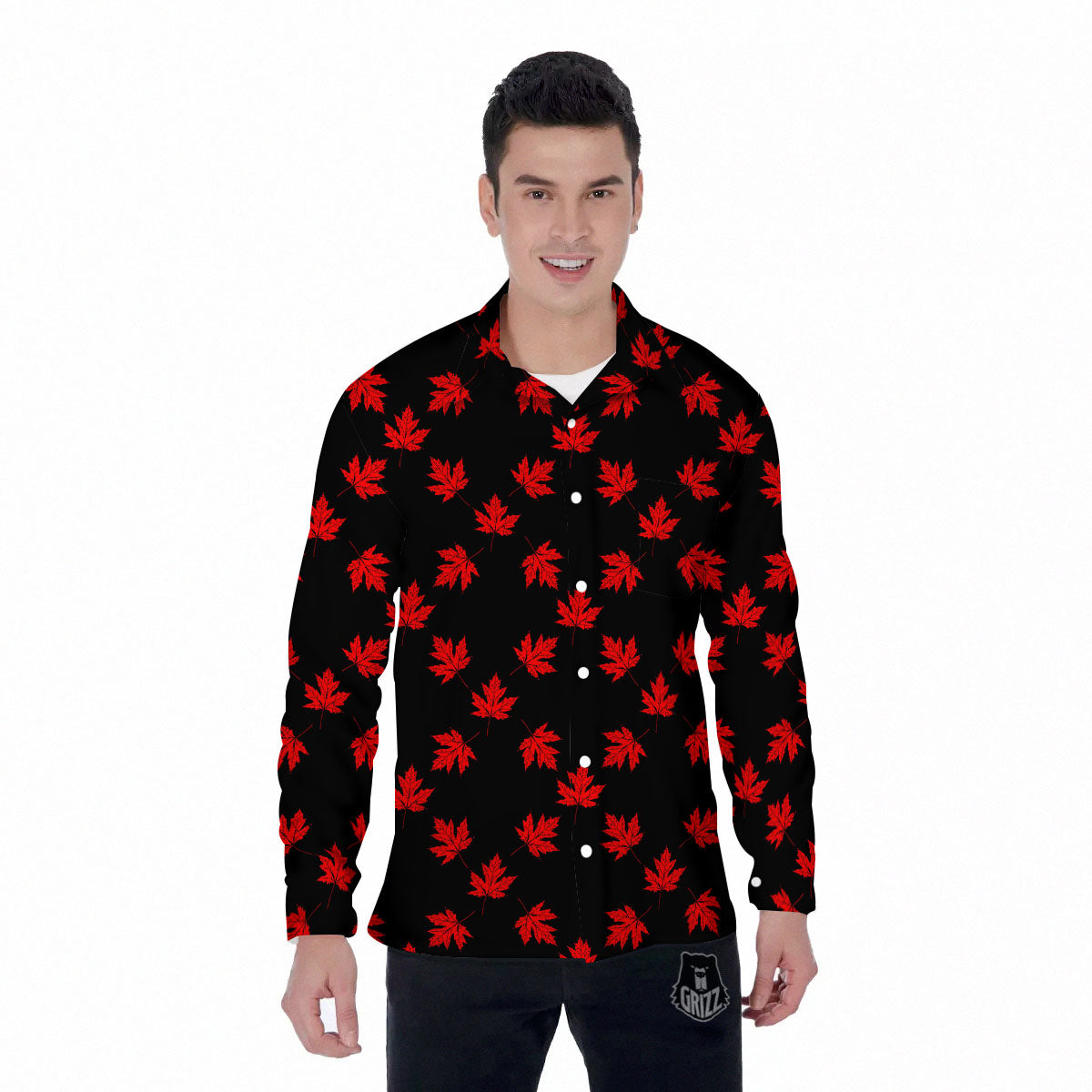 Canadian Maple Leaf Red And Black Print Men's Long Sleeve Shirts-grizzshop