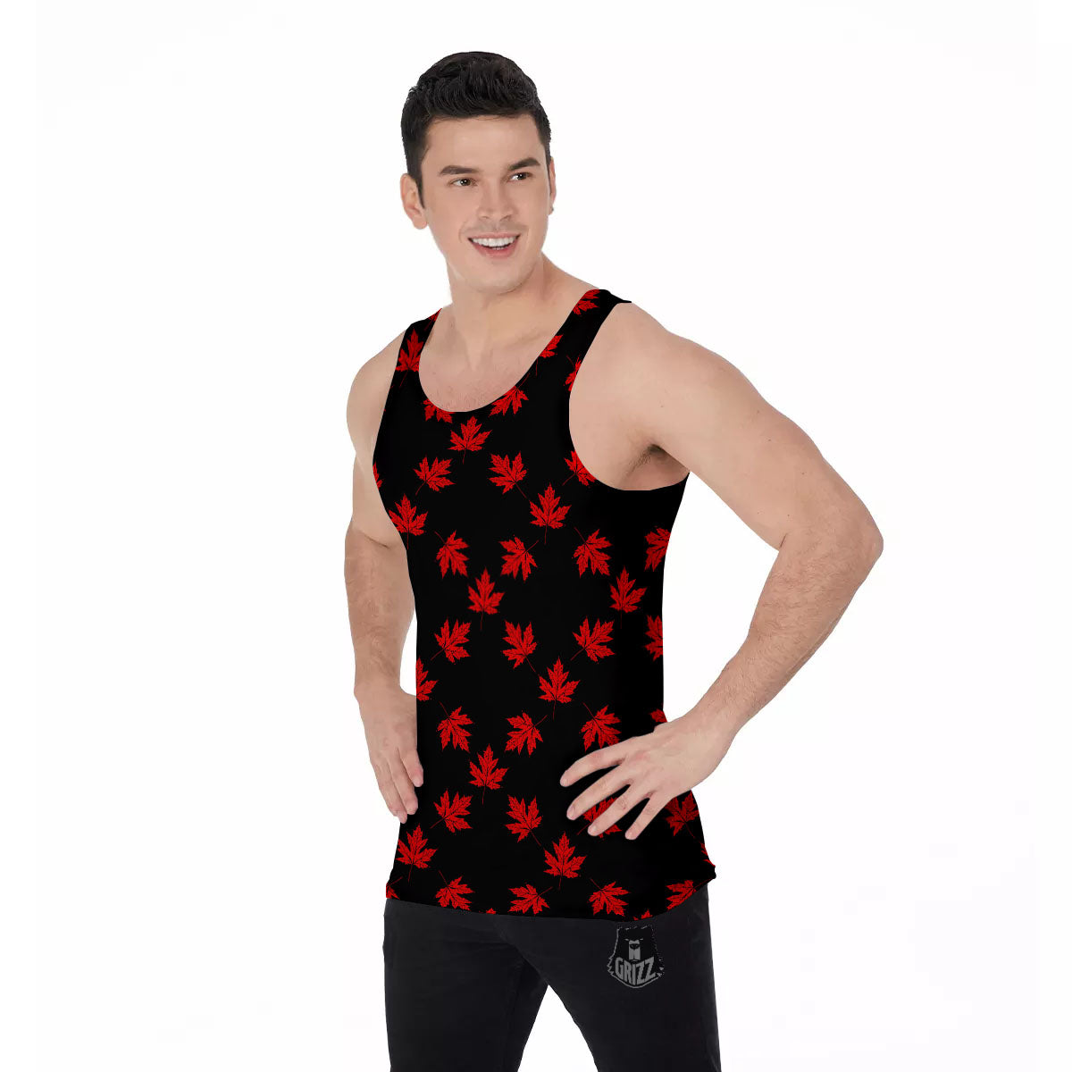 Canadian Maple Leaf Red And Black Print Men's Tank Top-grizzshop