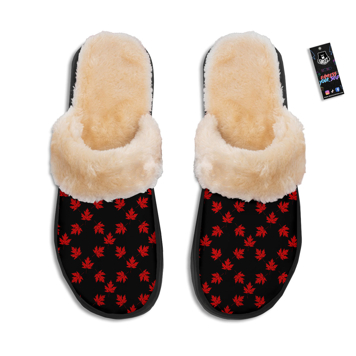 Canadian Maple Leaf Red And Black Print Slippers-grizzshop