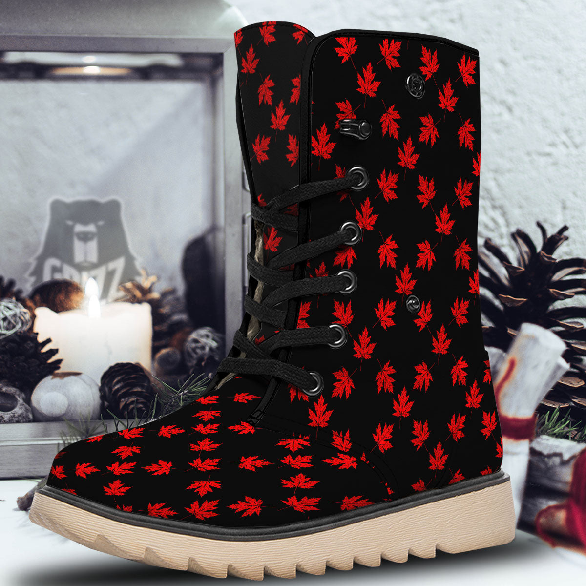 Canadian Maple Leaf Red And Black Print Snow Boots-grizzshop
