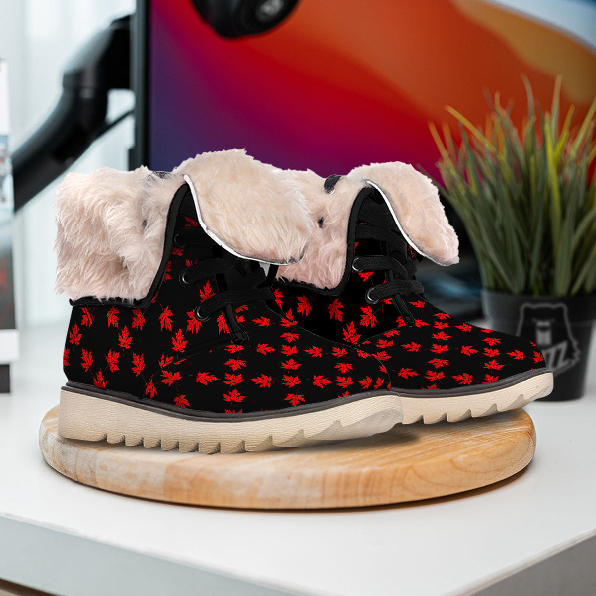 Canadian Maple Leaf Red And Black Print Snow Boots-grizzshop