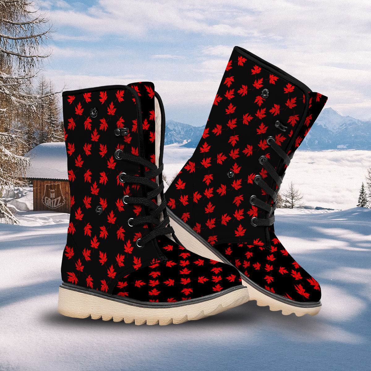 Canadian Maple Leaf Red And Black Print Snow Boots-grizzshop