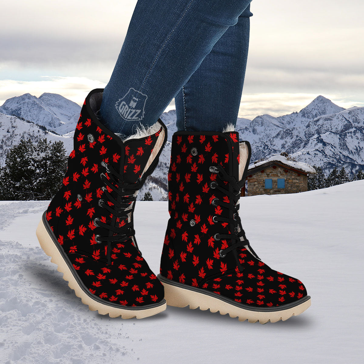 Canadian Maple Leaf Red And Black Print Snow Boots-grizzshop