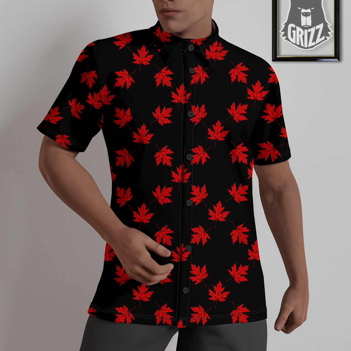 Canadian Maple Leaf Red And Black Print Untucked Shirts-grizzshop